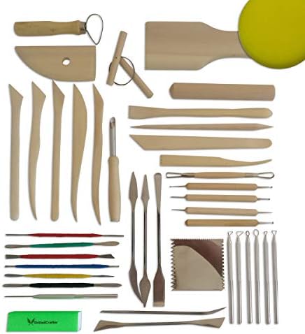 Skilled Crafter Pottery Tools Deluxe 40 Piece Set + Free Sponge & Needle Tool.The Smoothest Tools Made from Premium Ginkgo Wood, Stainless Steel & Aluminum for Creative Modeling Perfection!