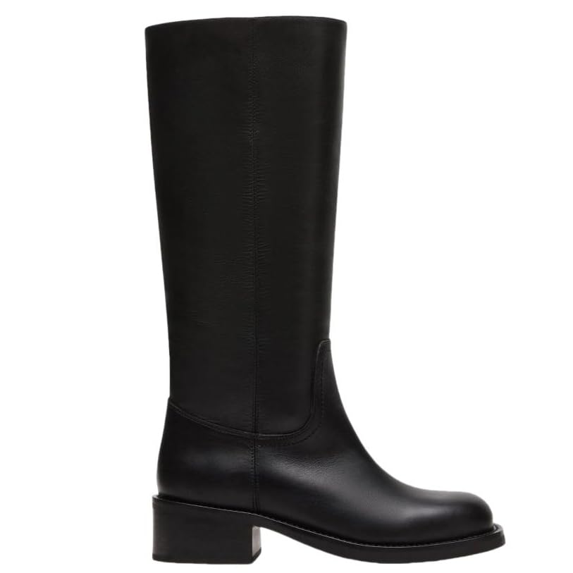 UniqueStride Women Knee High Boots Round Toe Low Chunky Heel Pull On Fashion Tall Moto Riding Boots