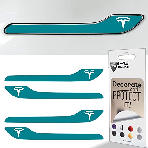 Image of IPG Compatible for Model 3 / Model Y /Juniper Door Handle Decal Sticker Wrap Kit (Set of 4) with Tesla Logo Personalize Your Tesla (Gloss Green Teal)