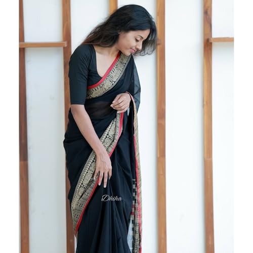 Image of Narayanpet Pure Cotton Saree for Women | Preethika Big Border Saree with Running Blouse | Tassels | Handloom Weave