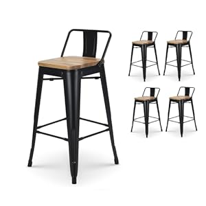 Kosmi – Lot de 4 tabourets de Bar en métal Noir Mat Style Industriel avec Dossier et Assise en Bois Clair – Hauteur 66cm