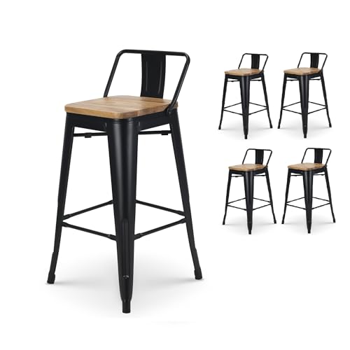 Kosmi - Conjunto de 4 taburetes de Bar Estilo Industrial de Metal Negro Mate con Respaldo y Asiento de Madera Clara - Altura 66cm