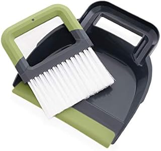 CleanPEAK Mini Portable Dustpan and Brush Set with Soft Grip Handle - 21cm x 19cm x 3cm  Grey / Green