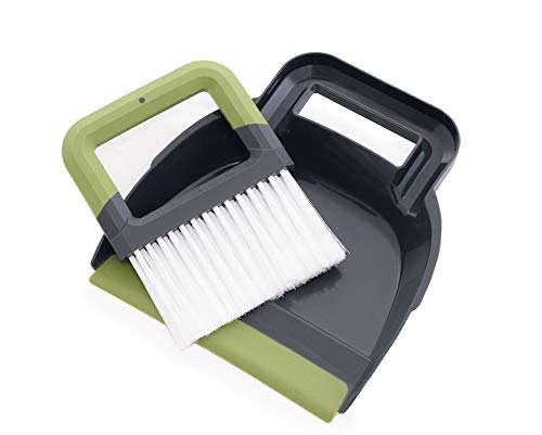 CleanPEAK Mini Portable Dustpan and Brush Set with Soft Grip Handle - 21cm x 19cm x 3cm – Grey / Green