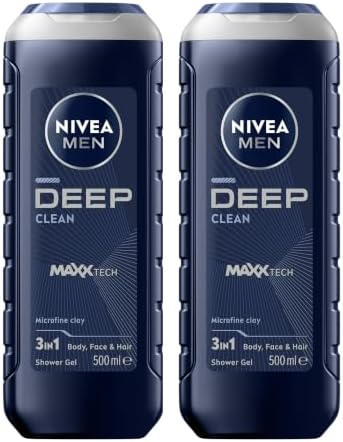NIVEA MEN Deep Clean Shower Gel and Body Wash 500ml | For Body, Face & Hair | Microfine Clay Deeply Cleanses | Long-Lasting Fresh Feeling | Non-Drying Formula Cares for Skin (Pack of 2)