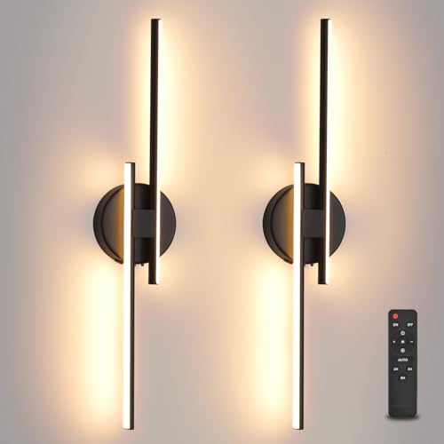 Image of Rechargeable Battery Operated Wall Sconce Set Of Two, Black Wireless LED Wall Sconces With Remote Control, Dimmable 3 Colors Cordless wall lights for Living Room, bedroom, Hallway, 23.6 Inch ( 2pcs)
