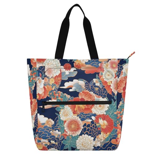 Sac fourre-tout floral japonais rouge avec fermeture éclair pour l'école et le quotidien