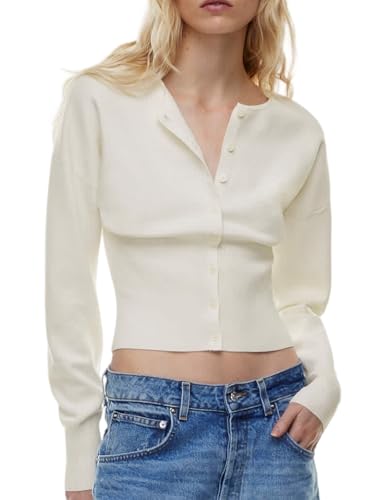 Womens Cropped Sweaters Fall Button Down V Neck Long Sleeve Pullover Solid Casual Ribbed Knit Slim Fit Cardigan