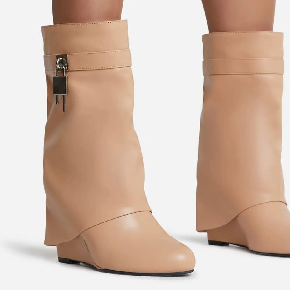 Yishaweiqi Padlock Ankle Boots Fold Over Wedge Heel Booties Wide-calf Short Boot - Image 4