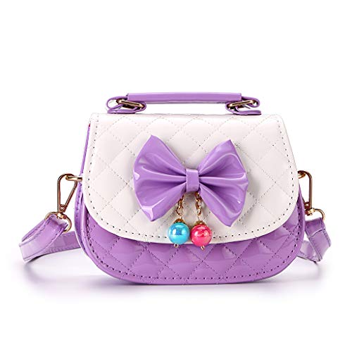 Hipiwe Little Girls Crossbody Purses for Kids - PU Leather Cute Crossbody Shoulder Bags Bowknot Children Handbag for Baby Girls (Purple+White)