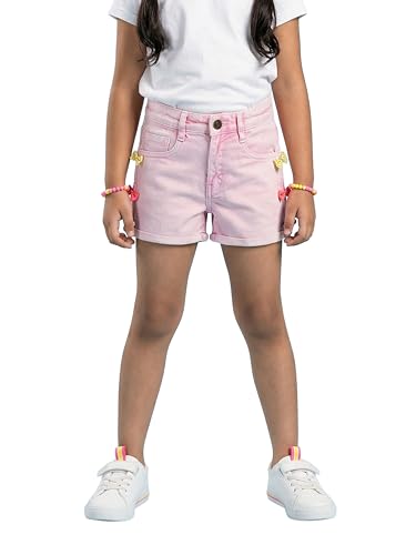 Image of KiddoPanti Girls Tight Length Rollup Denim Shorts with Lavender and Pink 3D Crochet Flowers