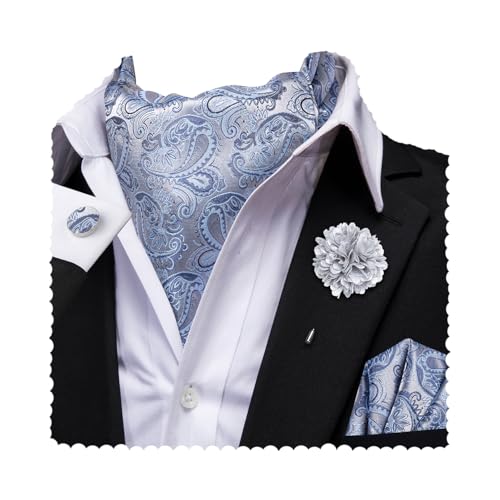 Image of Hi-Tie Silk Ascot for Men Self Tie Men's Cravat and Flower Lapel Pin Handkerchief Cufflinks Set for Wedding Party