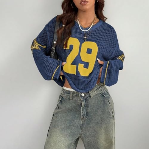 Hollow Out Crochet Jersey Shirts for Women Oversized Sweater Y2k Tops V Neck Graphic Tee 90s Pullover Sweaters3