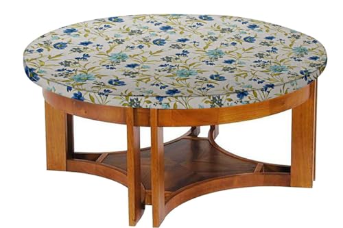 Image of The Furnishing Tree Elastic Cotton Round Center Table Cover 24x24 in Inches Floral Blue Leaf on offwhite Base