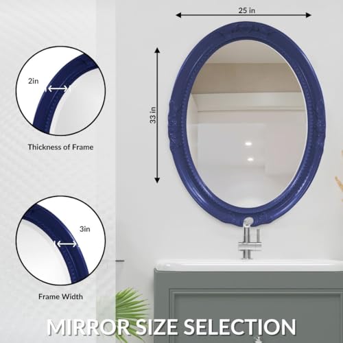 Image of Howard Elliott Collection Queen Ann Oval Glossy Navy Wall Mirror, Oval Bevelled Hanging Wood Framed Vanity Mirrors for Home Decor, Living Room, Bathroom, Bedroom, or Hallway, 25 x 33 Inch