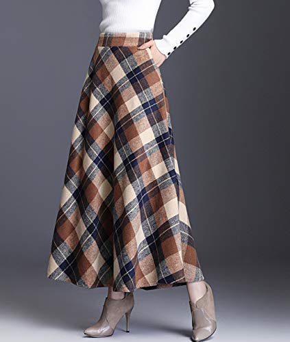 Femiserah Women's Retro High Waisted A-Line Fall/Winter Long Plaid Wool Skirt2