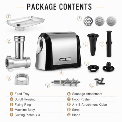Szlifierka do mięsa 3200W o dużej wytrzymałości, mielec ze stali nierdzewnej z 3 płytami, zestaw kiełbasy i zestaw Kibbe, Easy Clean Electric Food Processor do Burgerów, Ser, Sosy, Domowe użytkowanie