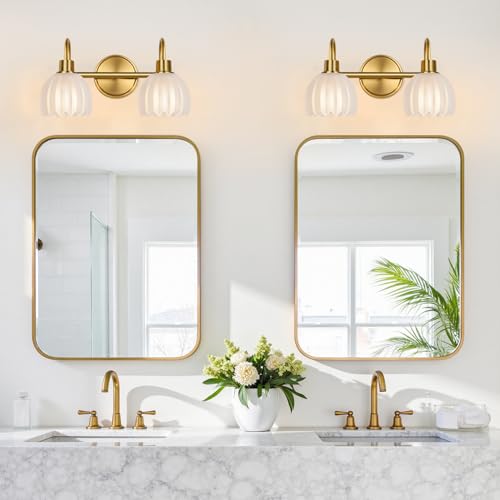 Image of 2-Light Bathroom Vanity Light, Brushed Gold Bathroom Light Fixtures with Ribbed Frosted Clear Tulip Glass Shades, Vanity Light Fixtures Over Mirror for Bedroom, Living Room, Hallway