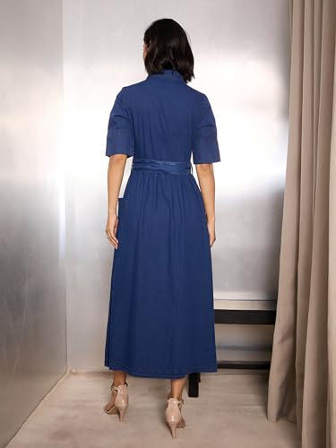 Image of Sassafras Women's A-Line Fit & Flared Half Sleeves Denim Belted Maxi - Casual Streetwear Denim Dress