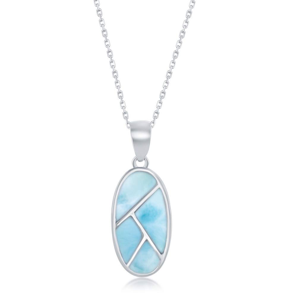 Beaux Bijoux Oval with Multi-Shaped Caribbean Natural Larimar Gemstone Sterling Silver Pendant 18’’ Necklace Jewelry for Women or Teens