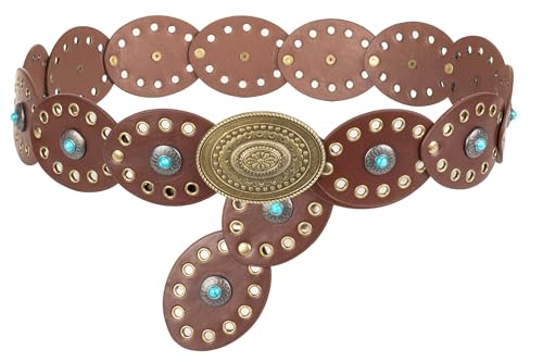 Western-Wide-Disc-Belt for Women Cowgirl Hollow Belt Vintage Boho Oval Waist Belts for Jeans Dresses - Main Image