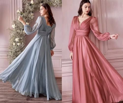 Chiffon Bridesmaid Dresses Long Pleated for Women V Neck Formal Party Maxi Gown with Long Puffy Sleeves DR01094