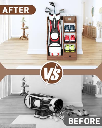 Image of Mythinglogic Wooden Golf Bag Storage Rack for 1 Full-Size Bag with Drawer