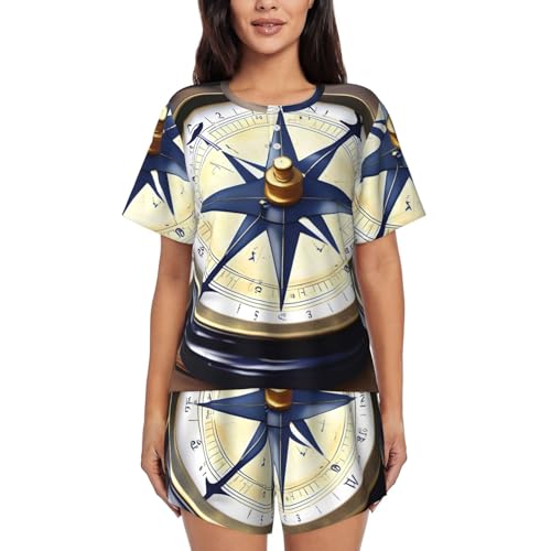 NImongt Conjunto de pijama de manga corta para mujer con estampado de brújula náutica, velero, para vacaciones en casa, ligero, transpirable, cómodo, Negro, XL