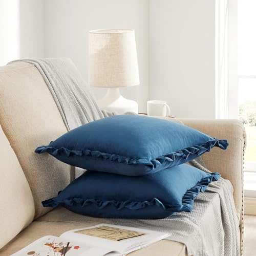 Image of Velvet Blue 12x20 Pillow Covers, Set of 2 Decorative Ruffle Cushoin Pillow Covers for Sofa Couch