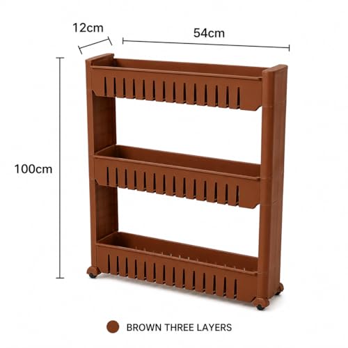 Image of JD FRESH 3-Tier Slim Rolling Storage Organizer Rack /Fridge Side Storage Rack /Plastic Trolley Storage Stand with Wheels /Floor Standing Cabinet for Bathroom and Kitchen Corner Area (Brown)
