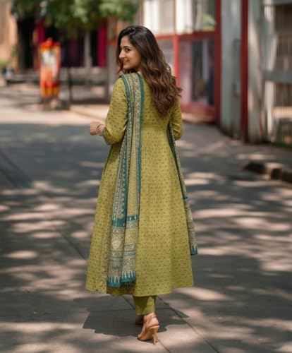 Image of ANNI Designer Women's Viscose Printed A-Line Kurta Set with Pant and Dupatta | Green Ethnic Wear | V-Neck | 3 /4 Sleeve Indian Traditional Outfit for Women