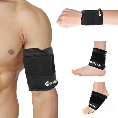 WORLD-BIO Bolsa de hielo de gel con correa de velcro, compresa reutilizable caliente y fría para lesiones, codo, brazo, muñeca, mano, pie y tobillo, paquete frío para fascitis plantar, tendinitis de