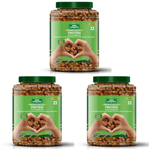 Image of Tata Sampann Premium Delight Protein Nuts & Seeds Mix, 1kg, Protein Trail Mix, Mixed Dry Fruits, Roasted Almonds, Pumpkin and Flax Seeds, Green Raisins, Amla Bits, & Cranberries Slices, Reusable Jar