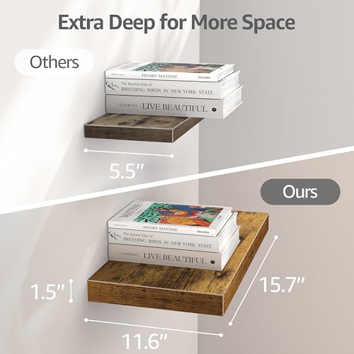Image of QEEIG 12 inch Deep Floating Shelves for Wall - 12 x 16 inch Book Shelf Bathroom Bedroom Kitchen Living Room Hanging Bookshelf Farmhouse Set of 3, Brown (026-40BN3)