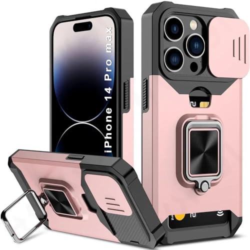Image of LuxuryKase Shockproof Armor Case for iPhone 14 Pro Max | Slide Camera Cover | Hidden Card Slot | Rotating Ring Kickstand | Magnetic Car Mount Support | Military Grade Protection - Rose Gold
