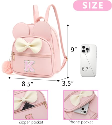 Initial Mini Backpack for Girls Toddler Kids, Small Mouse Personalized Bowknot Purse Gift (Pink K)4