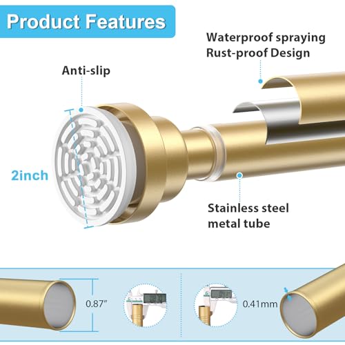 Image of Gold Shower Curtain Rod 30 To 76 Inch(2.6-6.4ft) Tension Curtains Rods No Drilling Shower Rods For Bathroom Tension Rods Adjustable Spring Loaded Curtain Rods 7 /8 inch Diameter