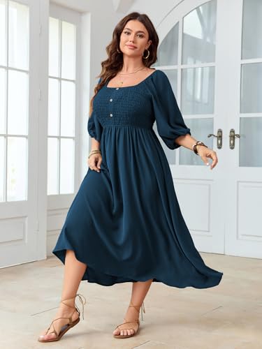Women's Plus Size Casual Dresses Square Neck Button Up Smocked 3/4 Puff Sleeve Empire Wasit A-line Flowy Midi Dress2