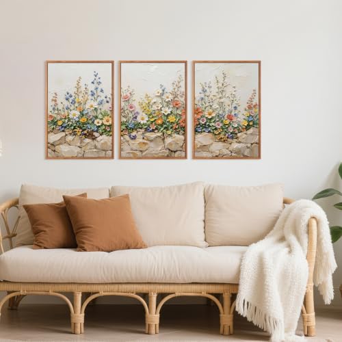 Image of CHDITB 3D Colorful Wildflower Wall Art,Neutral Rustic Stone Botanical Decor