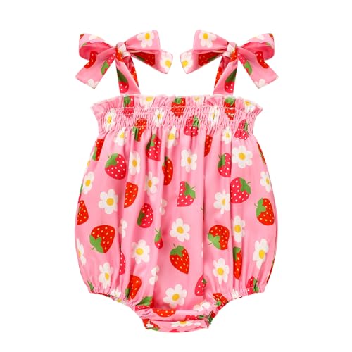 Image of ZOELNIC Baby Girl Summer Clothes Newborn Girl Outfits Cute Strap Baby Girl Romper Jumpsuit Infant Floral One Piece Bodysuit