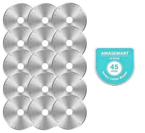 AMASEWART 45mm Rotary Cutter Blades Fits Fiskars Olfa, Replacement Rotary Blade for Fabric, Quilting, Sewing and Arts & Crafts, Pack of 15