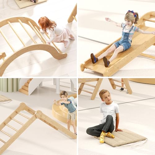Trintion 4-in-1 Indoor-Klettergerüst für Kleinkinder, Montessori-Klettergerüst-Set mit Holz-Kletterdreieck, Bogen, Rutsche und kurzem Kissen, faltbares Kletterspielzeug für Kinder