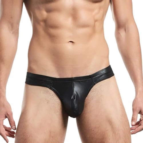 Rrongwn Jockstraps pour homme - Effet mouillé - Avec anneau pénien en métal brillant - String taille basse - Aspect laqué - Sous-vêtements ouverts, Noir , XL