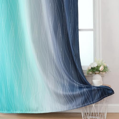 Estelar Textiler Navy Blue and Teal Blackout Curtains 72 Inch Length 2 Panels Set, Full Room Darkening Grommet Ombre Curtains for Bedroom, Thermal Insulated Light Blocking Gradient Drapes, 52Wx72L