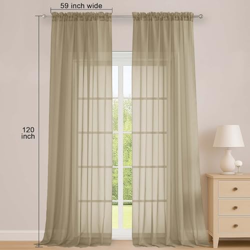 Image of OWENIE Taupe Sheer Curtains 120 Inches Long 2 Panels Set, Airy Lightweight Sheer Taupe Curtains for Living Room Bedroom, Farmhouse Voile Filmy Rod Pocket Curtains Drapes, 2 Pcs, Each 59 inch Wx120 L Inch