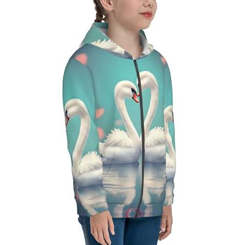 The swan in love Print Girls Athletic Zip Up Hoodies,Sweatshirts with Pockets Long Sleeve Hooded Jackets, for 7-18 Y3