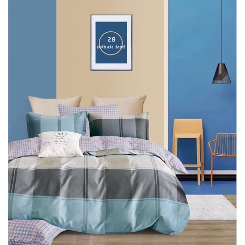 Alpes Blanc - Housse de Couette réversible à Carreaux Bleu et Gris Percale de Coton 220x240 cm + 2 taies carrées