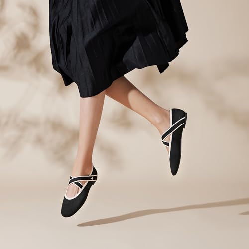 Image of VIVAIA Nia Women's Mary Jane Flats Shoe with Cross-Strap Style Almond Toe Comfortable Ballet Flats for Casual Daily Wear