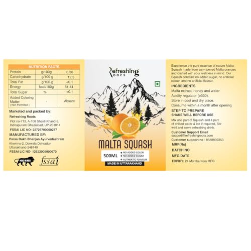 Image of Refreshing Roots Uttarakhand Wild Orange (MALTA) Squash 600 ML Pack Glass Bottle | Cold Pressed | Uttarakhand Authentic Taste | Added Honey | No Artifical Colors | Rich In Vitamins -C | Malta Squash (300 ML * 2 Bottle)