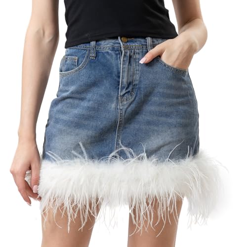 LVCOMEFF Women's Denim Skirt with Feather-Trimming Fringe High Waisted Mini Jean Skirt